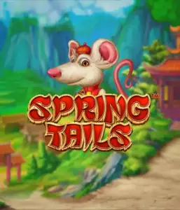 A charming illustration of a mouse wearing a red traditional Chinese outfit standing in a vibrant landscape with mountains. The image promotes the Spring Tails game by Betsoft, showcased with prominent red and gold logo text.