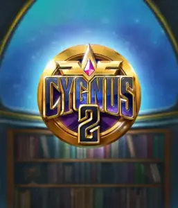 Experience the enchanting artwork of Cygnus 2 Slot by ELK Studios, showcasing a spectacular golden emblem with a vibrant design in purple and gold. Positioned against a mystical library setting, this graphic conjures the theme of adventure and mystery. 